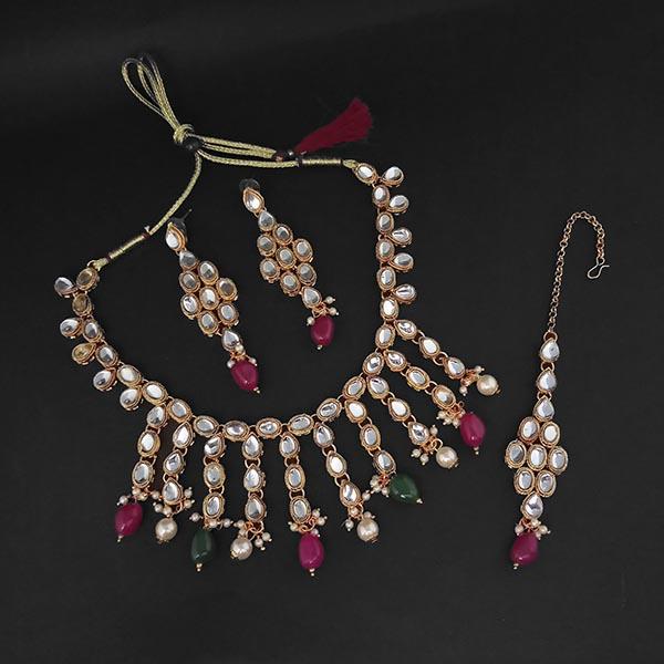 Amina Creation Kundan And Green Beads Gold Plated Necklace Set With Maang Tikka - 1107978C