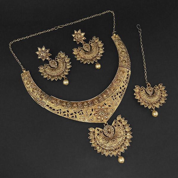 Kriaa Gold Plated Brown Austrian Stone Necklace Set with Maang Tikka - 1107984