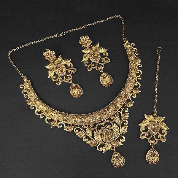 Kriaa Gold Plated Brown Austrian Stone Necklace Set with Maang Tikka - 1107985