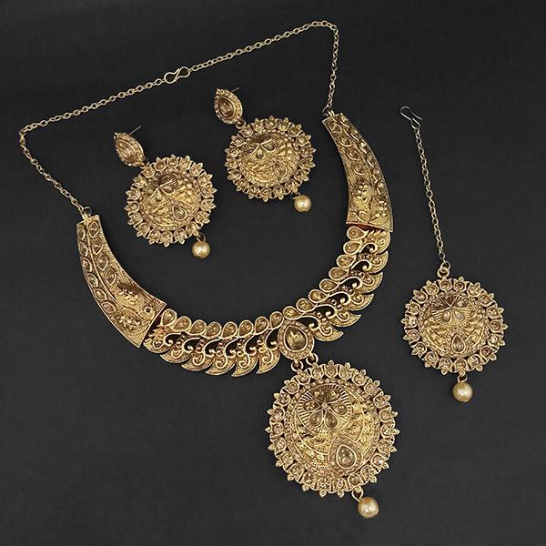 Kriaa Gold Plated Brown Austrian Stone Necklace Set with Maang Tikka - 1107986