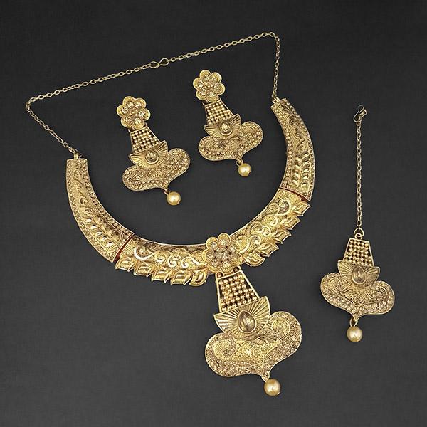 Kriaa Gold Plated Brown Austrian Stone Necklace Set with Maang Tikka - 1107987