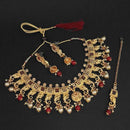 Amina Creation Gold Plated Maroon Austrian Stone Necklace Set With Maang Tikka -1107990B