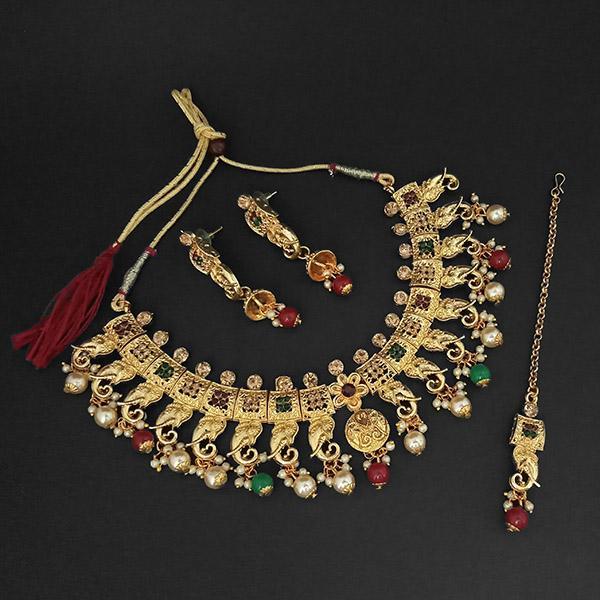 Amina Creation Gold Plated Green Austrian Stone Necklace Set With Maang Tikka -1107990C