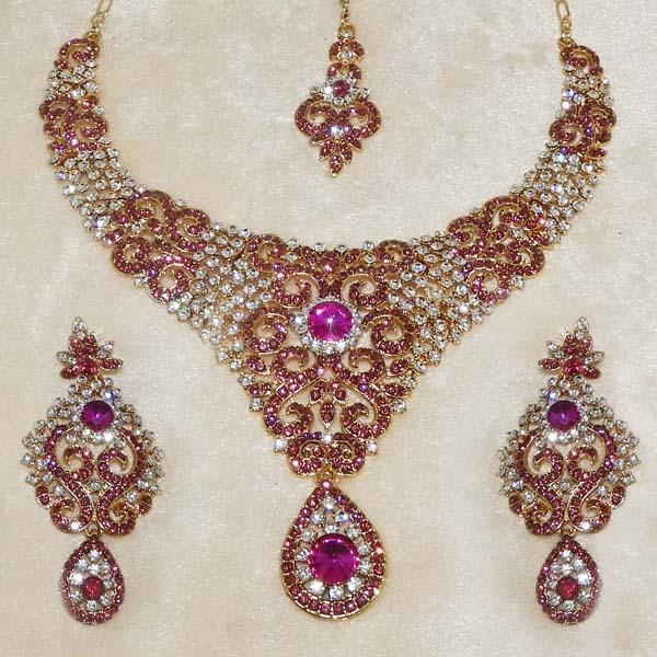Devnath Art Pink Austrian Stone Necklace Set With Maang Tikka - 1108504C