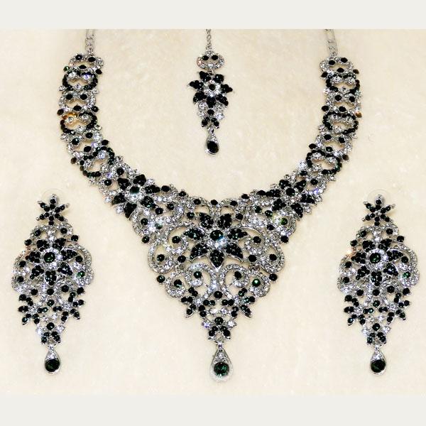 Devnath Art Austrian Stone Silver Plated Necklace Set With Maang Tikka - 1108514C