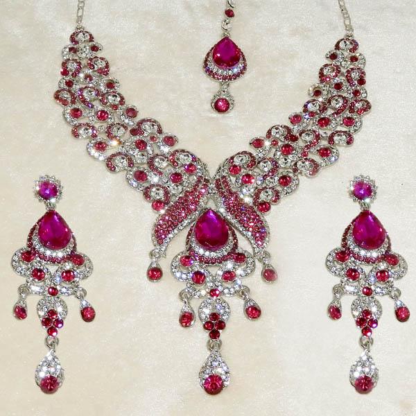 Devnath Art Silver Plated Austrian Stone Necklace Set With Maang Tikka - 1108515A