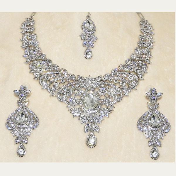 Devnath Art Silver Plated Austrian Stone Necklace Set With Maang Tikka - 1108518C