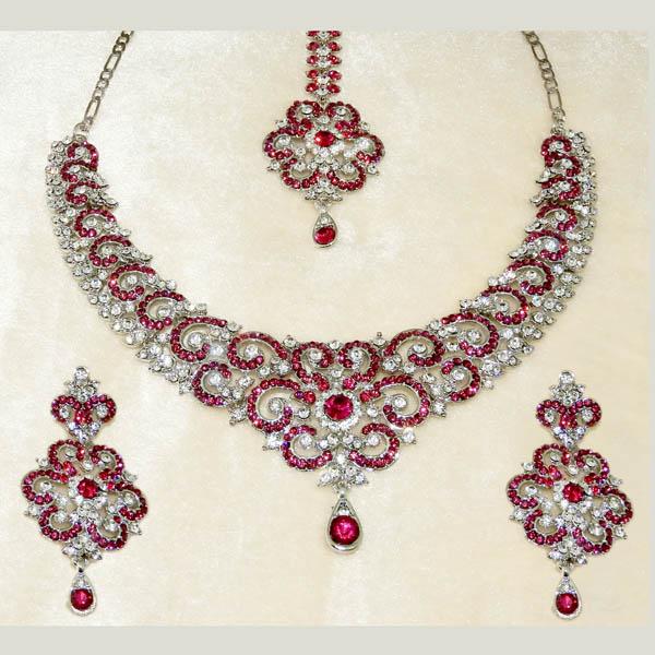 Devnath Art Austrian Stone Silver Plated Necklace Set With Maang Tikka - 1108522A