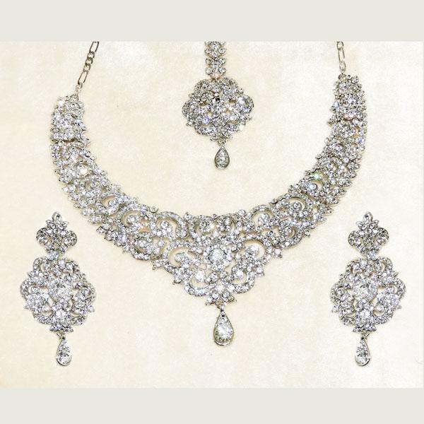 Devnath Art Austrian Stone Silver Plated Necklace Set With Maang Tikka - 1108522C