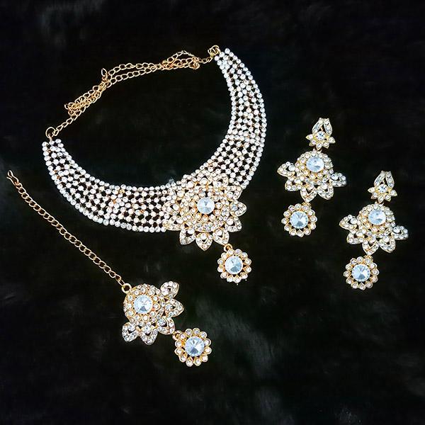 Kriaa Austrian Stone Gold Plated Necklace Set With Maang Tikka - 1108525