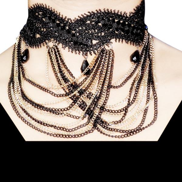 Jeweljunk Black Lace Beads Multi Drop Chain Choker Necklace - 1108646