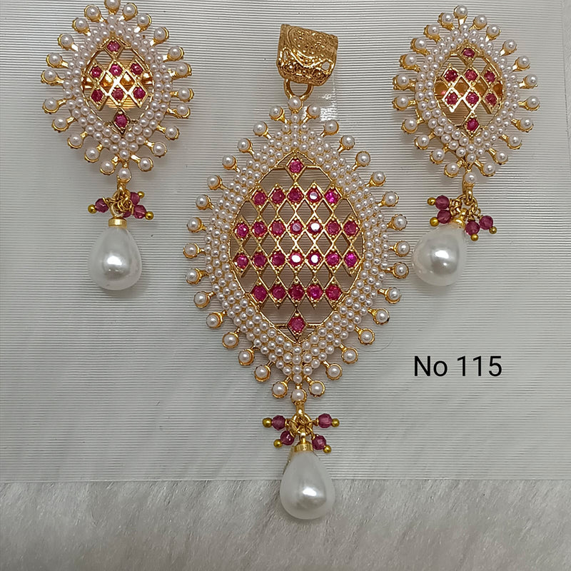 Jai Mata Di Gold Plated Pearl Pendant Set With Earrings