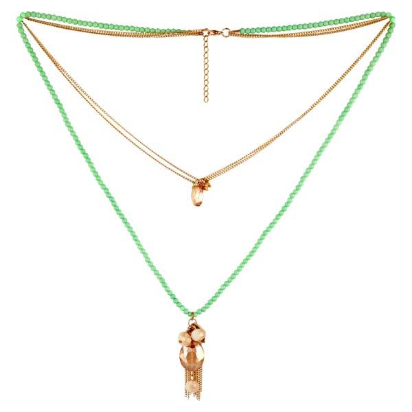 Urthn Gold Plated Green Beads Double Chain Necklace - 1109405B