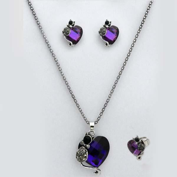 Kriaa Purple Stone Heart Shape Pendant Set With Ring - 1109701D