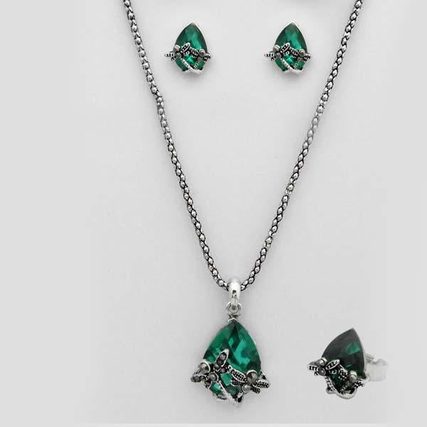 Kriaa Green Stone Silver Plated Pendant Set With Ring - 1109703D