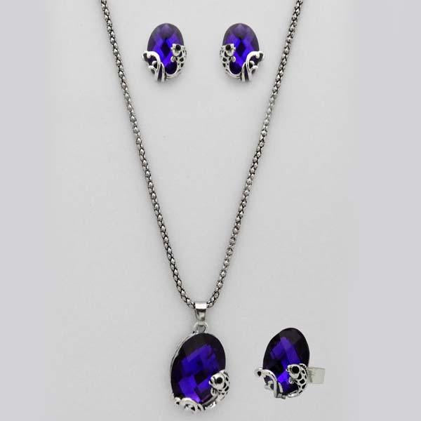 Kriaa Silver Plated Blue Stone Pendant Set With Ring - 1109704C