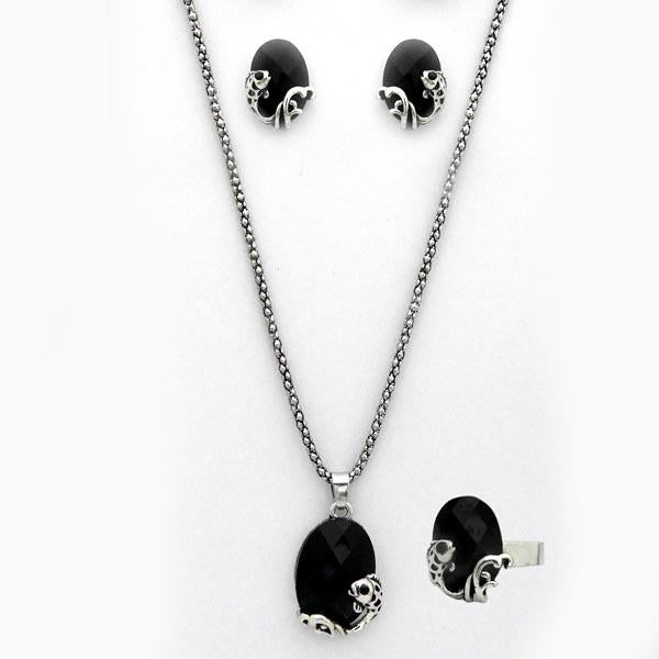 Kriaa Silver Plated Black Stone Pendant Set With Ring - 1109704E