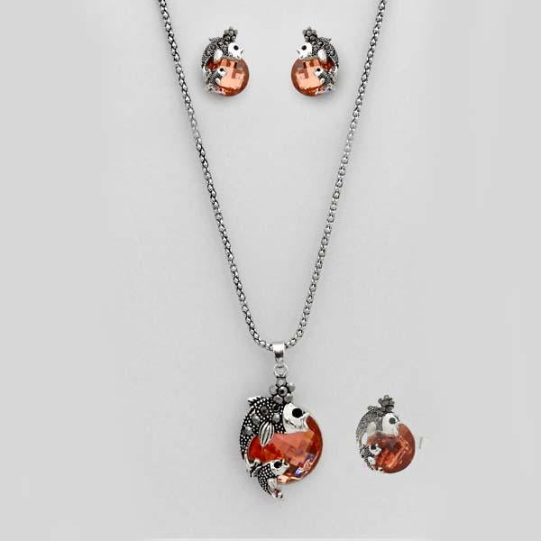 Kriaa Stone Dolphin Design Pendant Set With Ring - 1109705A