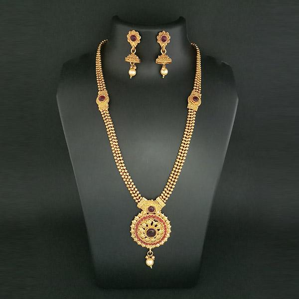 Kriaa Maroon Stone Gold Plated Haram Necklace Set - 1109825B