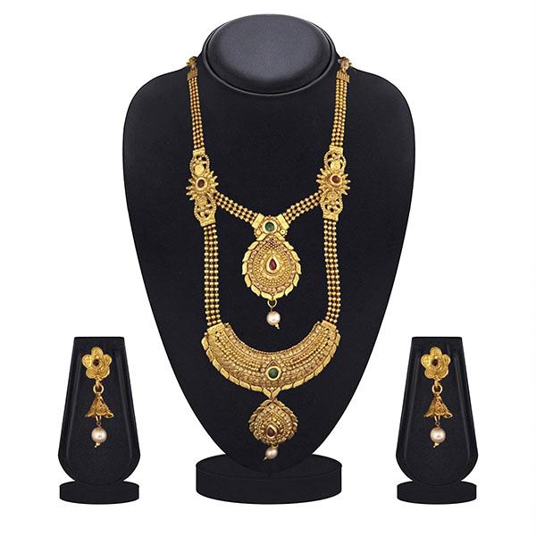 Kriaa Maroon And Green Pota Stone Double Layer Necklace Set - 1109870B