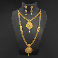 Kriaa Gold Plated Maroon Green Stone Double layer Necklace Set