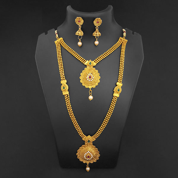 Kriaa Gold Plated Maroon Green Stone Double layer Necklace Set