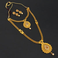 Kriaa Gold Plated Maroon Green Stone Double layer Necklace Set