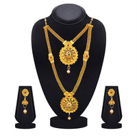 Kriaa Gold Plated Maroon Green Stone Double layer Necklace Set