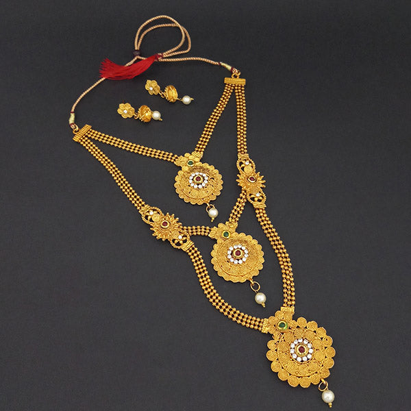 Kriaa Gold Plated Maroon Green Stone Triple layer Necklace Set