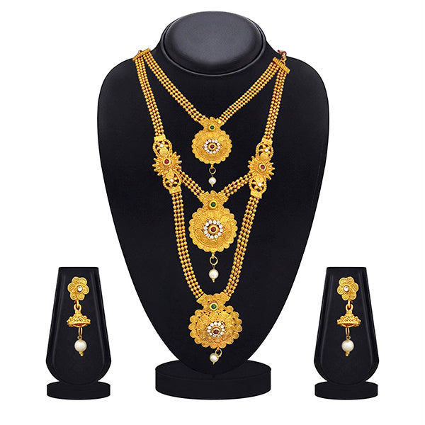 Kriaa Gold Plated Maroon Green Stone Triple layer Necklace Set