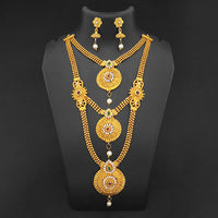 Kriaa Gold Plated Maroon Green Stone Triple layer Necklace Set