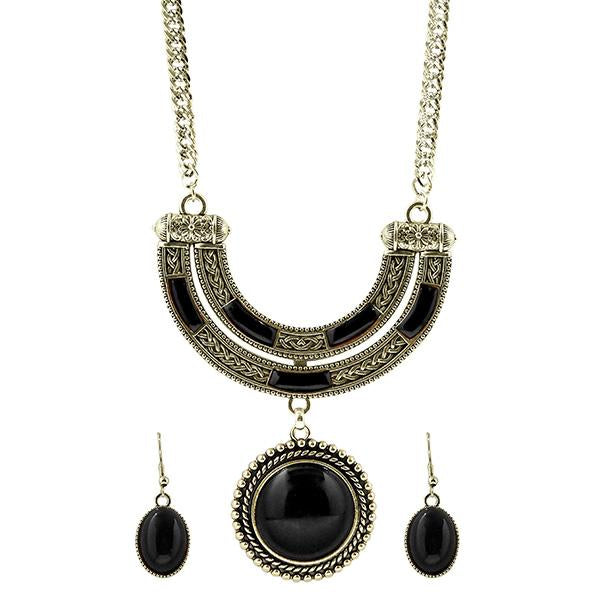 Urthn Black Turquoise Stone Gold Plated Necklace Set - 1110008A