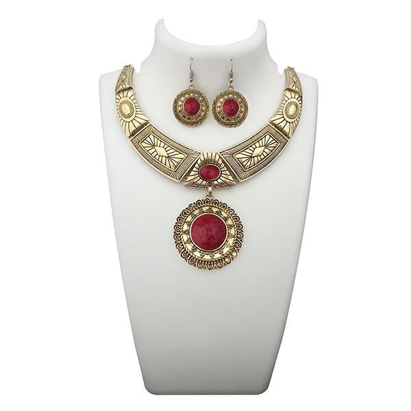 Urthn Maroon Turquoise Stone Antique Gold Statement Necklace - 1110059C