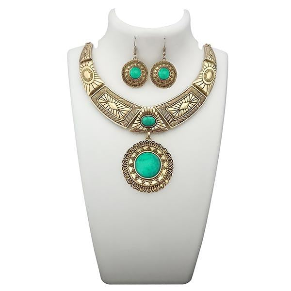 Urthn Green Turquoise Stone Antique Gold Plated Statement Necklace - 1110059D