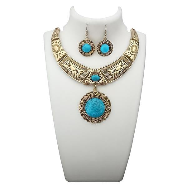 Urthn Blue Turquoise Stone Antique Gold Plated Statement Necklace - 1110060A
