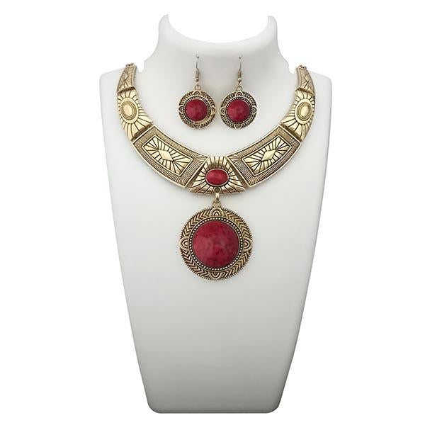 Urthn Maroon Turquoise Stone Antique Gold Plated Statement Necklace - 1110060C