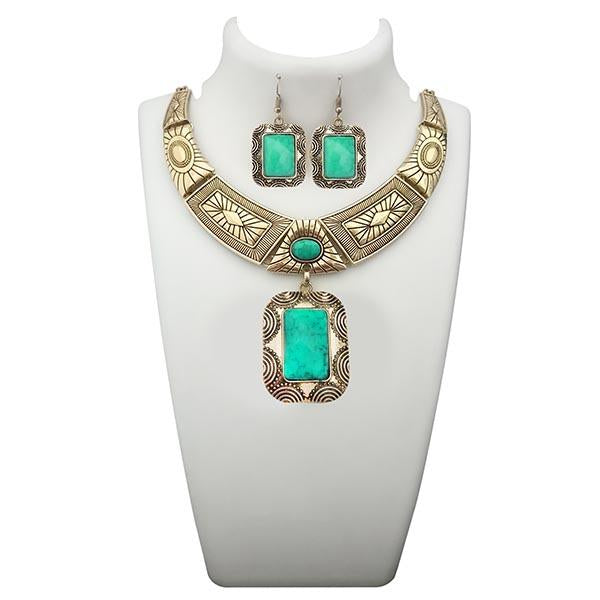 Urthn Green Turquoise Stone Antique Gold Plated Statement Necklace - 1110061D