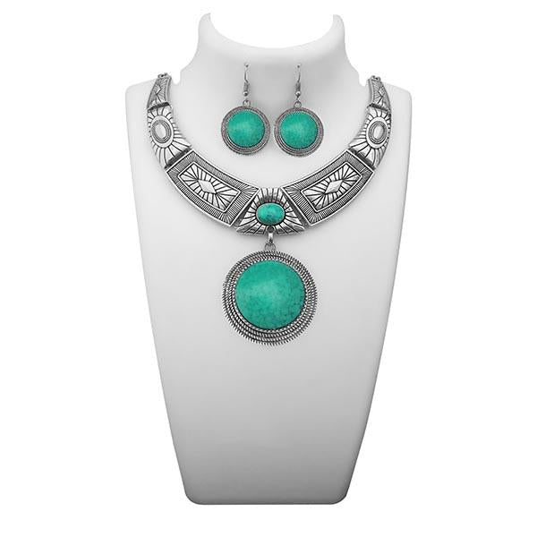 Urthn Green Turquoise Stone Rhodium Plated Statement Necklace - 1110062D