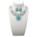 Urthn Blue Turquoise Stone Rhodium Plated Statement Necklace - 1110063A