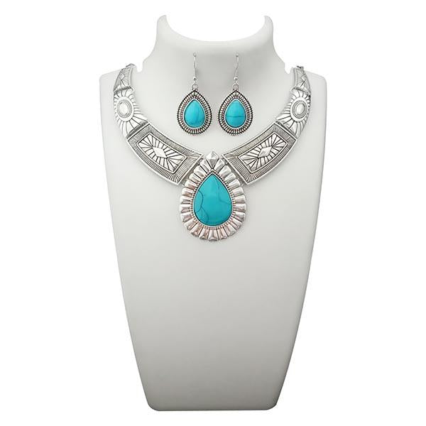 Urthn Blue Turquoise Stone Rhodium Plated Statement Necklace - 1110063A