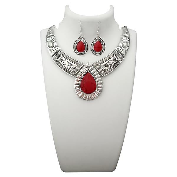 Urthn Maroon Turquoise Stone Rhodium Plated Statement Necklace - 1110063C