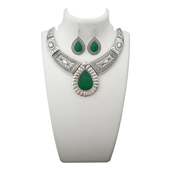 Urthn Green Turquoise Stone Rhodium Plated Statement Necklace - 1110063D