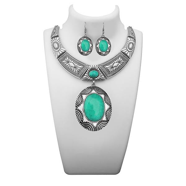 Urthn Green Turquoise Stone Rhodium Plated Statement Necklace - 1110064D