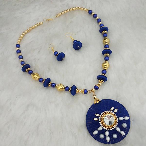 Jeweljunk Gold Plated Austrian Stone Blue Thread Necklace Set - 1110617B