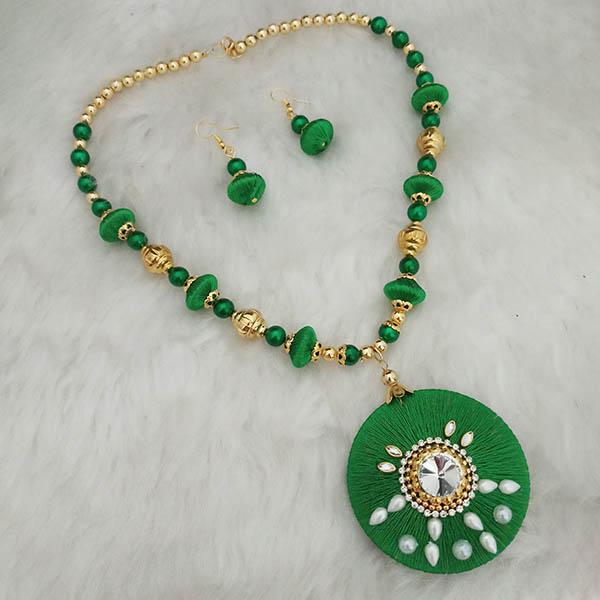 Jeweljunk Gold Plated Austrian Stone Green Thread Necklace Set - 1110617E