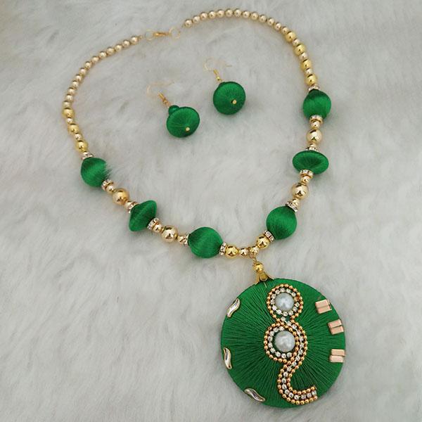 Jeweljunk Gold Plated Austrian Stone Green Thread Necklace Set - 1110618E
