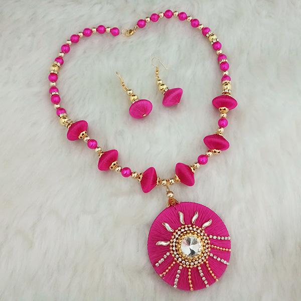 Jeweljunk Pink Austrian Stone Gold Plated Thread Necklace Set - 1110622D