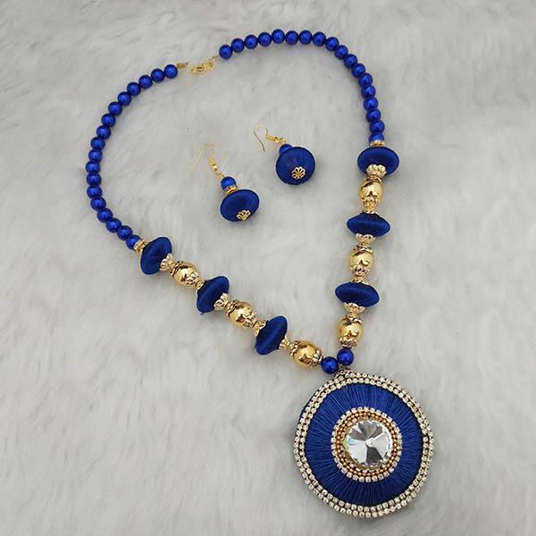 Jeweljunk Gold Plated Austrian Stone Blue Thread Necklace Set - 1110623B