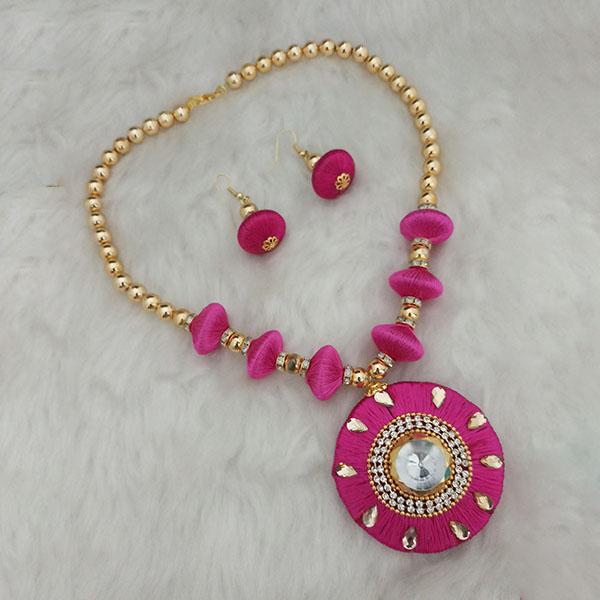 Jeweljunk Gold Plated Austrian Stone Pink Thread Necklace Set - 1110624D