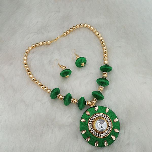 Jeweljunk Gold Plated Austrian Stone Green Thread Necklace Set - 1110624E